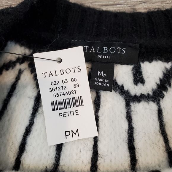 Talbots Fair Isle Wool Blend Crewneck Sweater Sz M Petite Ivory Black - Picture 9 of 10